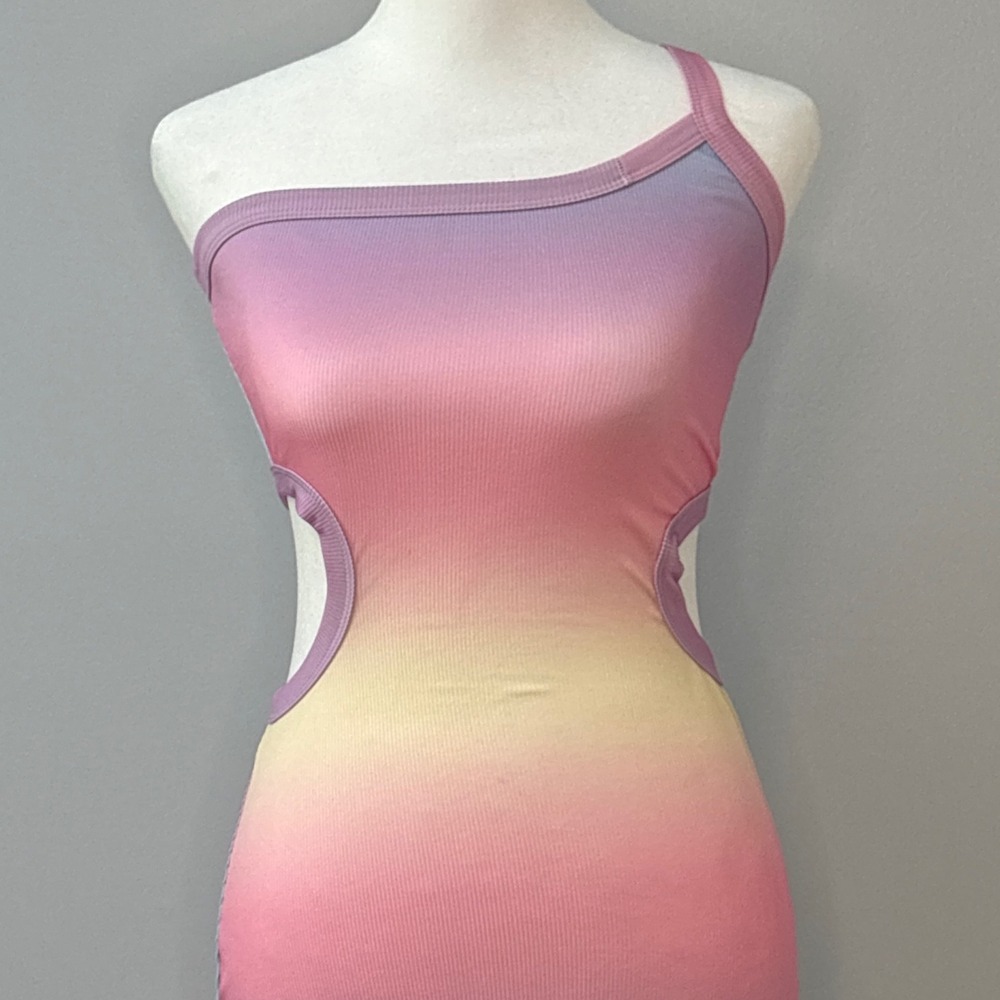 ChicMe Pink Ombre Ribbed Bodycon Midi Dress One Shoulder Cut Outs Womens Small - Picture 4 of 9
